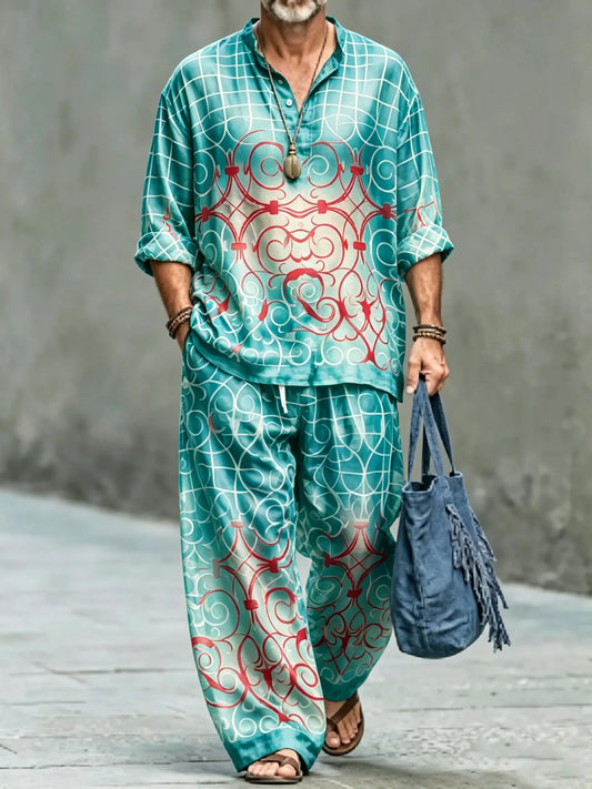 Men's Vintage Abstract Art Printed Cotton Shirt Set (Top & Pants)