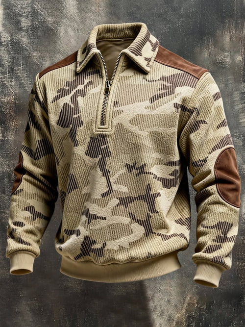 Men's Retro Color Block Print Color-Blocked Zip-Up Sweatshirt