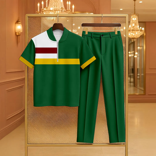 Men's Casual Green & Yellow Color Matching Geometric Printed Zipper Short Sleeved Polo Shirt & Trousers Two-Piece Set