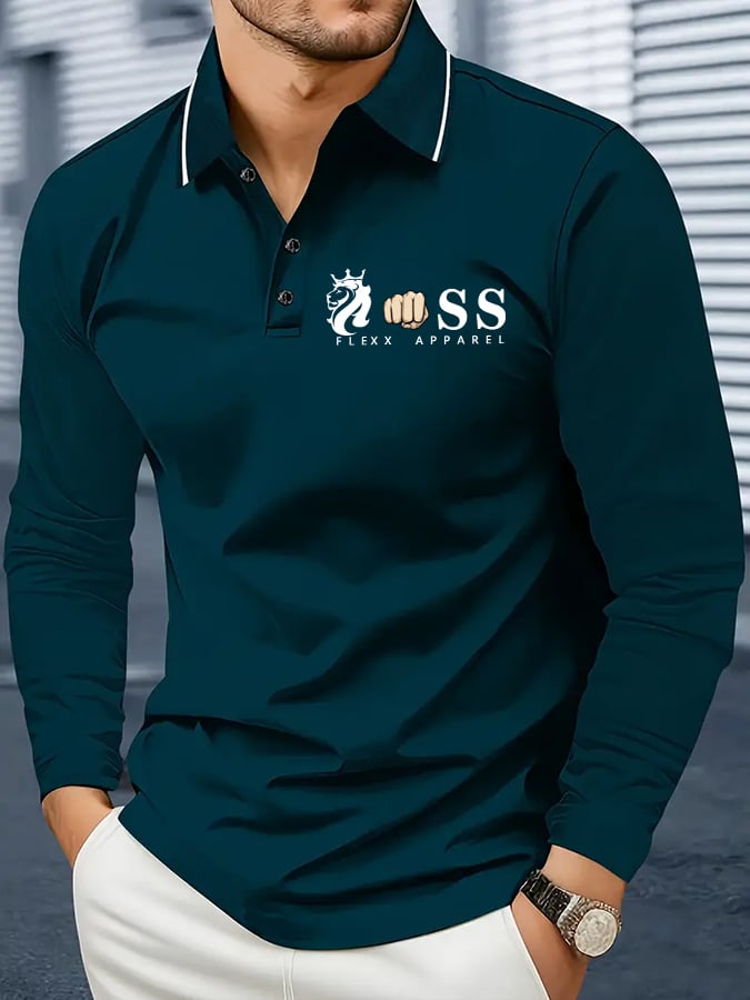 Men's Retro Letter Design Business Long Sleeve Polo Shirt