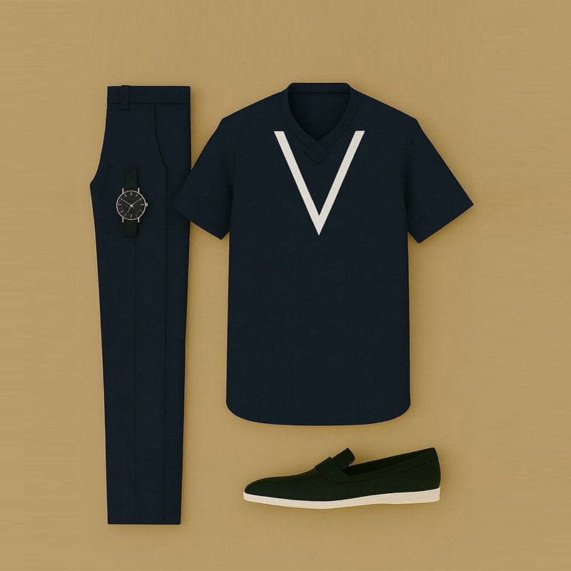 Men's Casual Color Matching Printed Short Sleeved V-Neck T-Shirt & Trousers Two-Piece Set