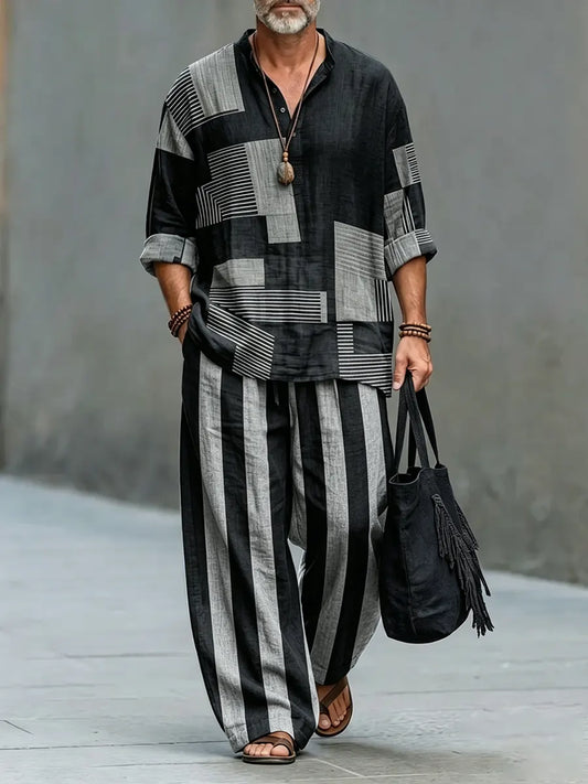 Men's Retro Geometric Patchwork Art Print Cotton Shirt Set
