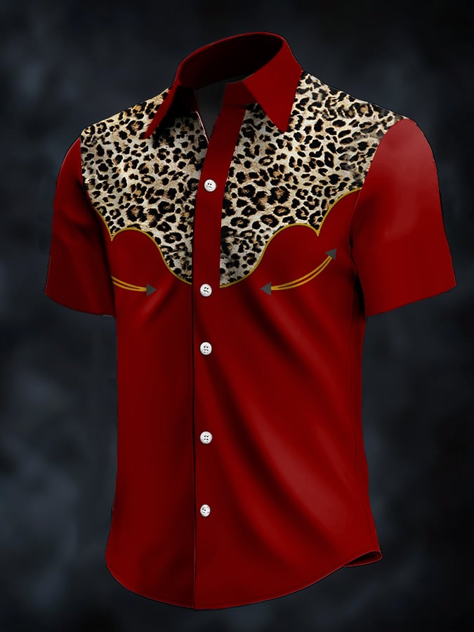 Men's Retro Western Contrast Print Short Sleeve Casual Shirt