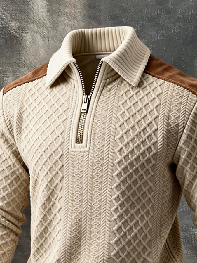 Men'S Vintage Textured Fabric And Suede Patchwork Color-Block Long-Sleeved Sweatshirt