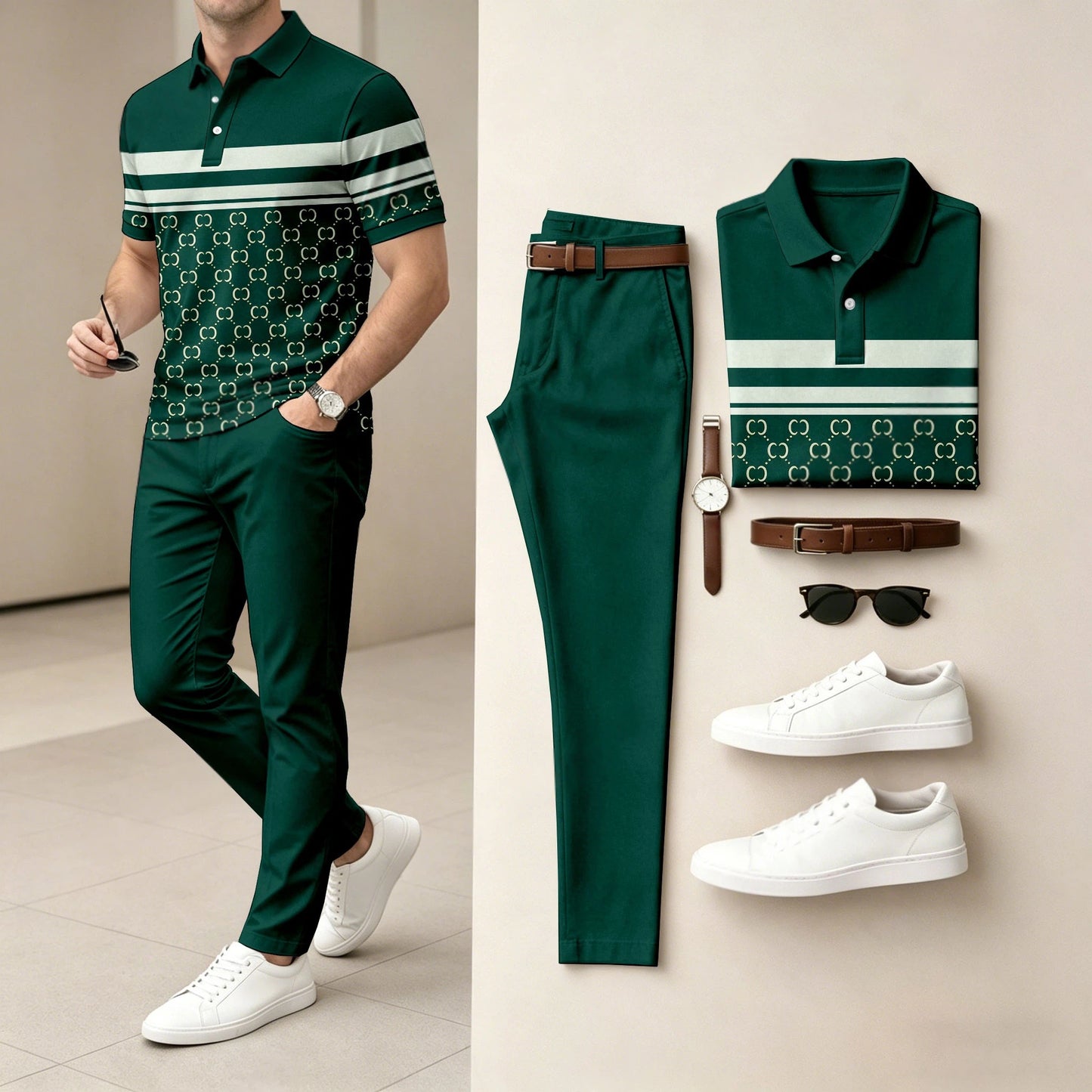 Men's Casual Contrasting Printed Polo Shirt And Pants Two-Piece Set