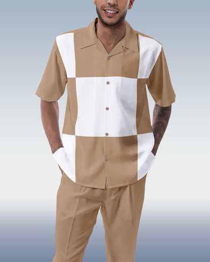 Khaki Block Walking Suit 2-Piece Short Sleeve Suit