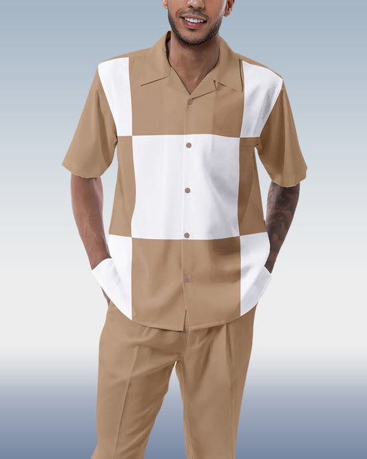 Khaki Block Walking Suit 2-Piece Short Sleeve Suit