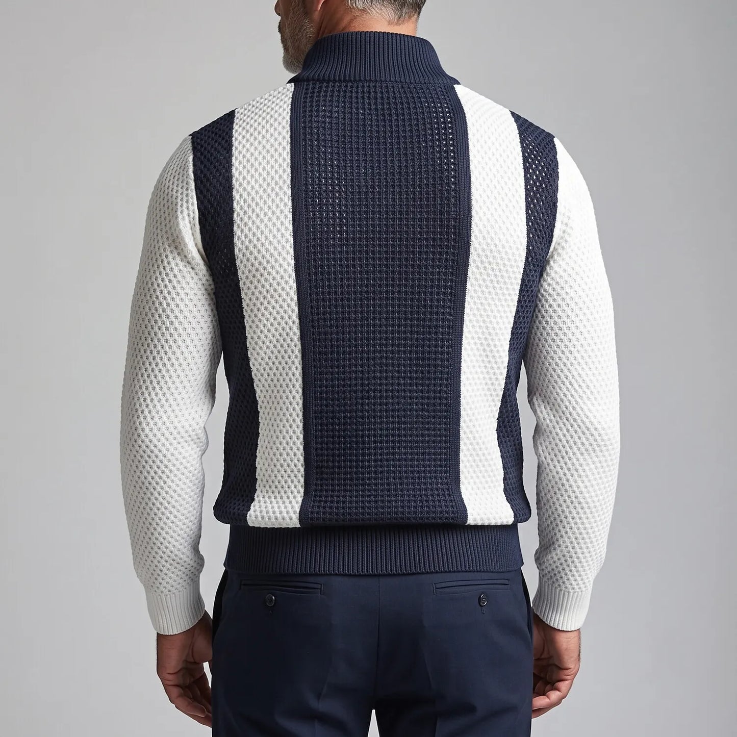 Men's Colorblock Stand Collar Double-Breasted Mesh Hollow Out Cardigan
