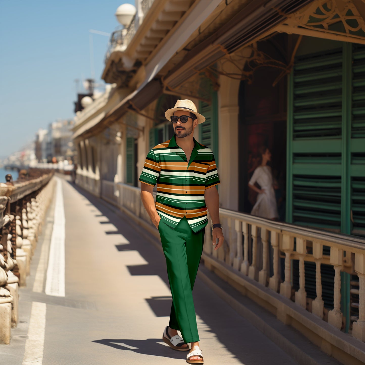 Men's retro colorblock short-sleeved shirt walking Suit 1686