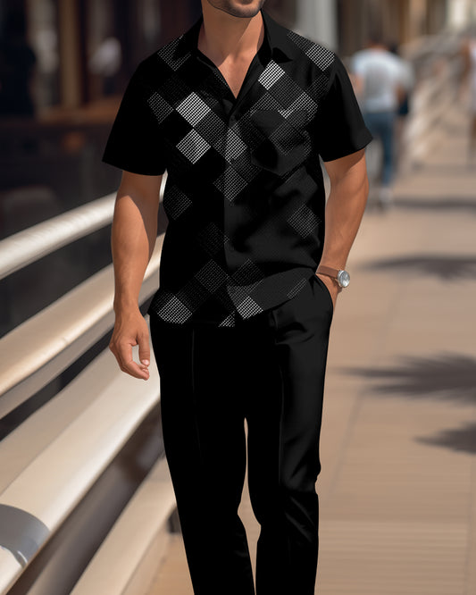 Men's Retro Plaid Colorblock Short Sleeve Shirt Walking Suit 1673