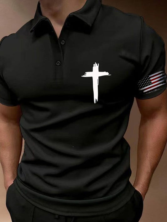 Men's Flag Cross Print Button Casual Polo Shirt