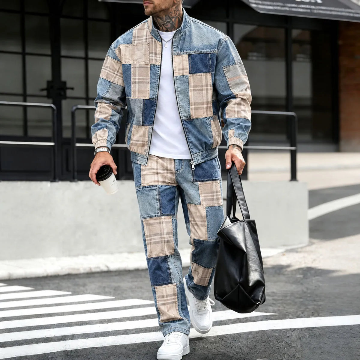 Men's Checkered Patchwork Fleece-Lined Jacket and Pants Two-Piece Set