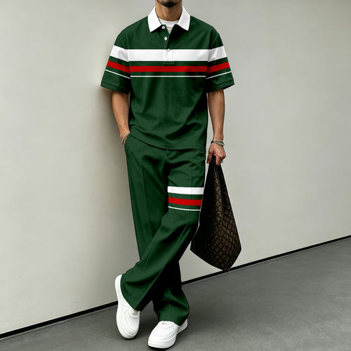 Men's Color-Blocked Short-Sleeve Polo Shirt and Pants Set