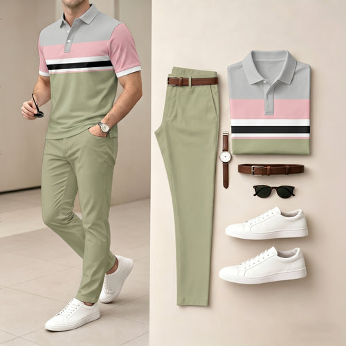 Men's Pink & Geen Color Matching Striped Printed Short Sleeved Polo Shirt & Pants Two-Piece Set