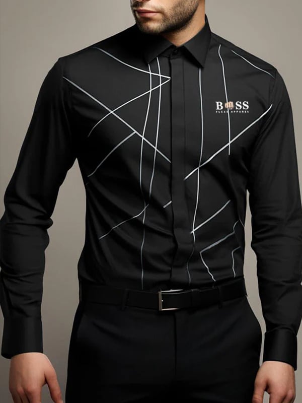 Mens Street Style Business Casual Striped Logo Long Sleeve Shirt