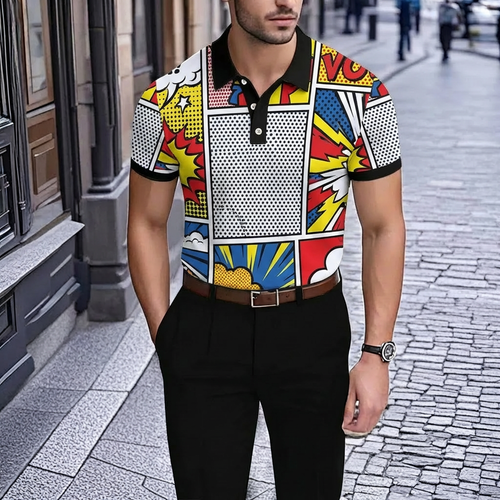 Men's Retro White Printed Short-Sleeve Polo Shirt