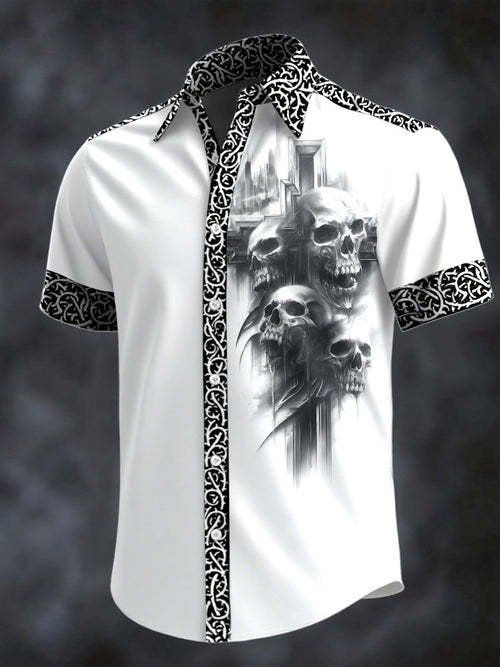 Men's Retro Horror Skull Print Lapel Short Sleeve Shirt