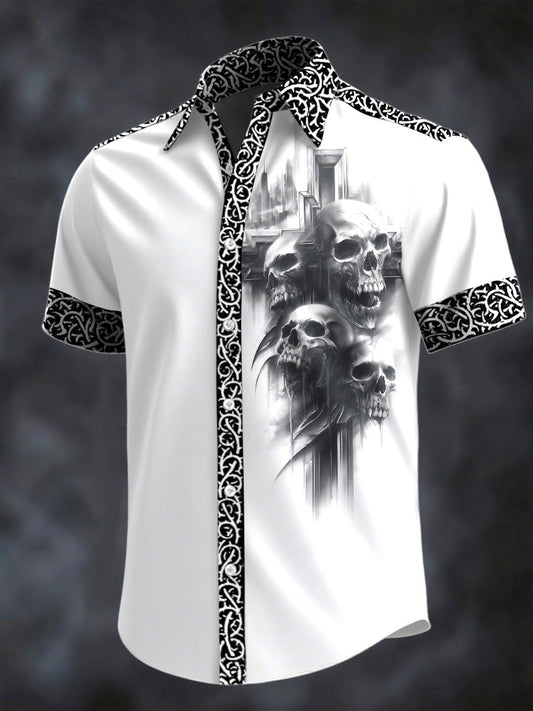 Men's Retro Horror Skull Print Lapel Short Sleeve Shirt