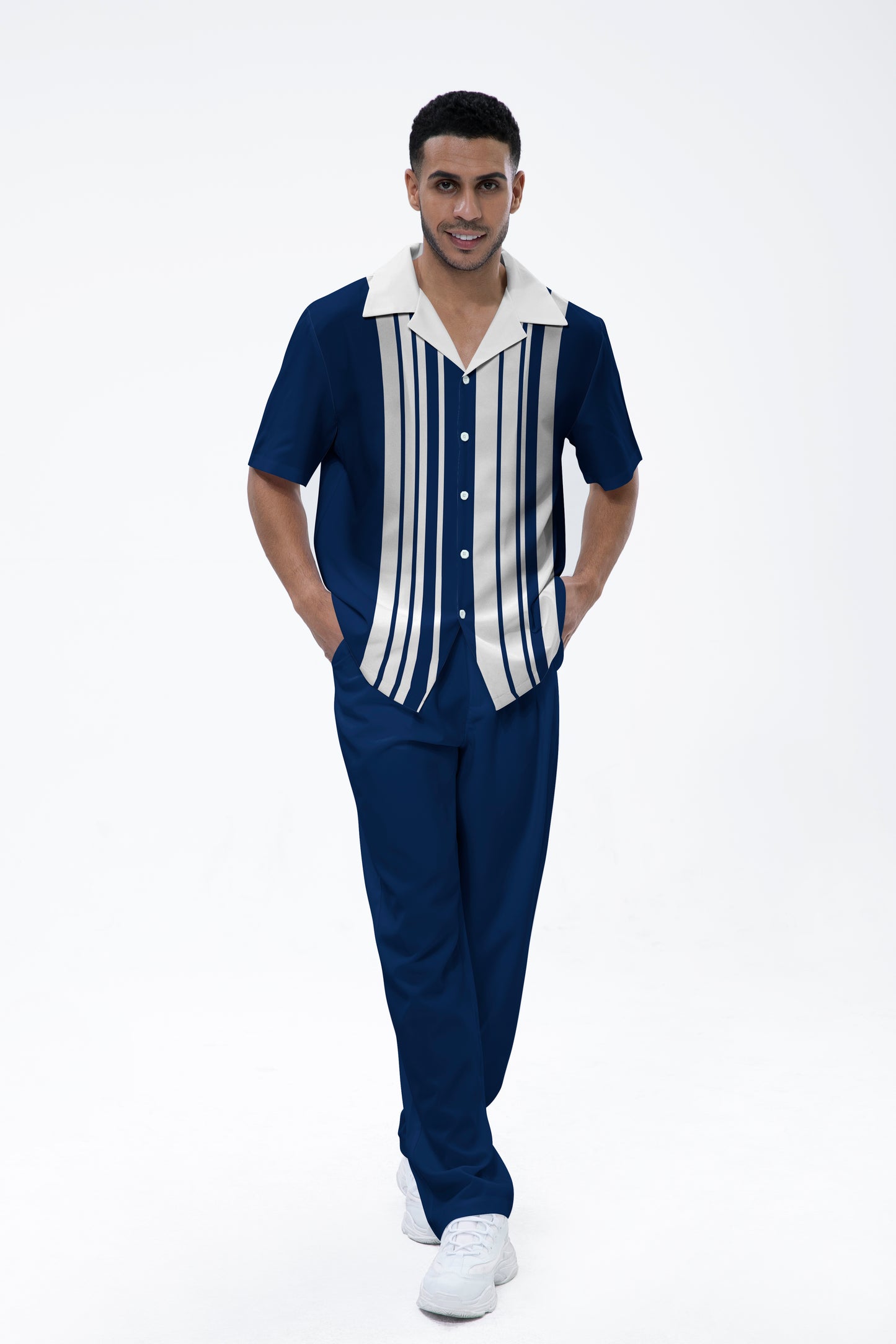 Rianmond Men's Vertical Stripe Print Short Sleeve Walking Suit 203