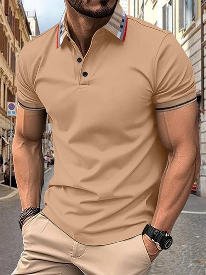 Men's Ribbed Floral Collar Solid Color Button Up Short Sleeved Polo Shirt