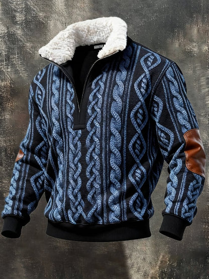 Men's Retro Color Block Print Casual Fur Collar Sweatshirt