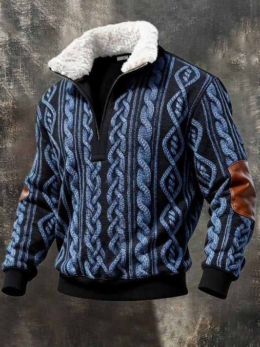 Men's Retro Color Block Print Casual Fur Collar Sweatshirt