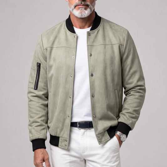 Men's Suede Stand Collar Zipper Pocket Snap Button Casual Bomber Jacket