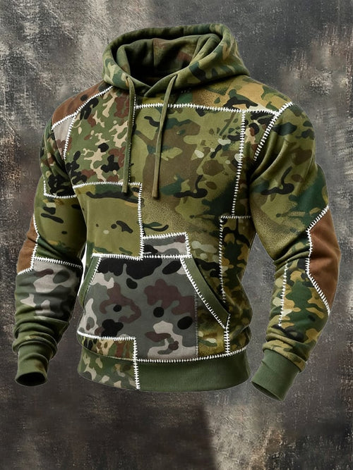 Men's Retro Distressed Color Block Camouflage Print Casual Long Sleeve Sweatshirt