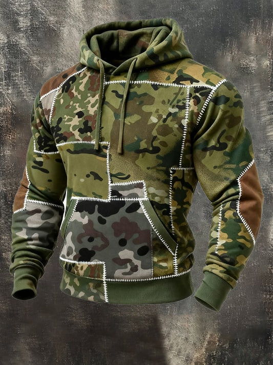 Men's Retro Distressed Color Block Camouflage Print Casual Long Sleeve Sweatshirt