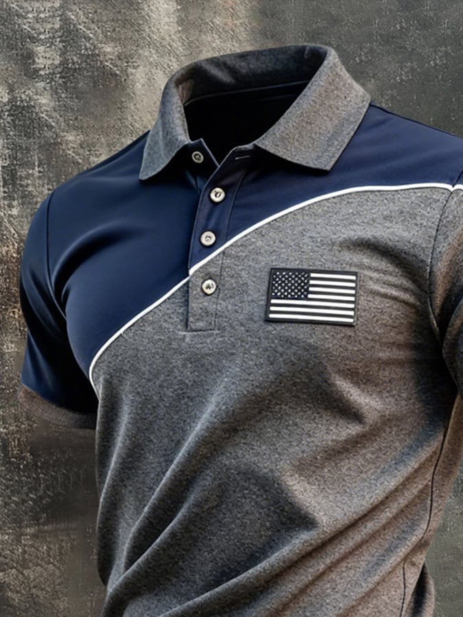 Men's Retro Patriotic Color-Block Short-Sleeve Polo Shirt
