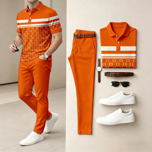 Men's Casual Contrasting Printed Polo Shirt And Pants Two-Piece Set
