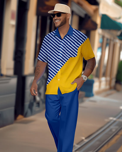Men's retro colorblock short-sleeved shirt walking Suit 1681