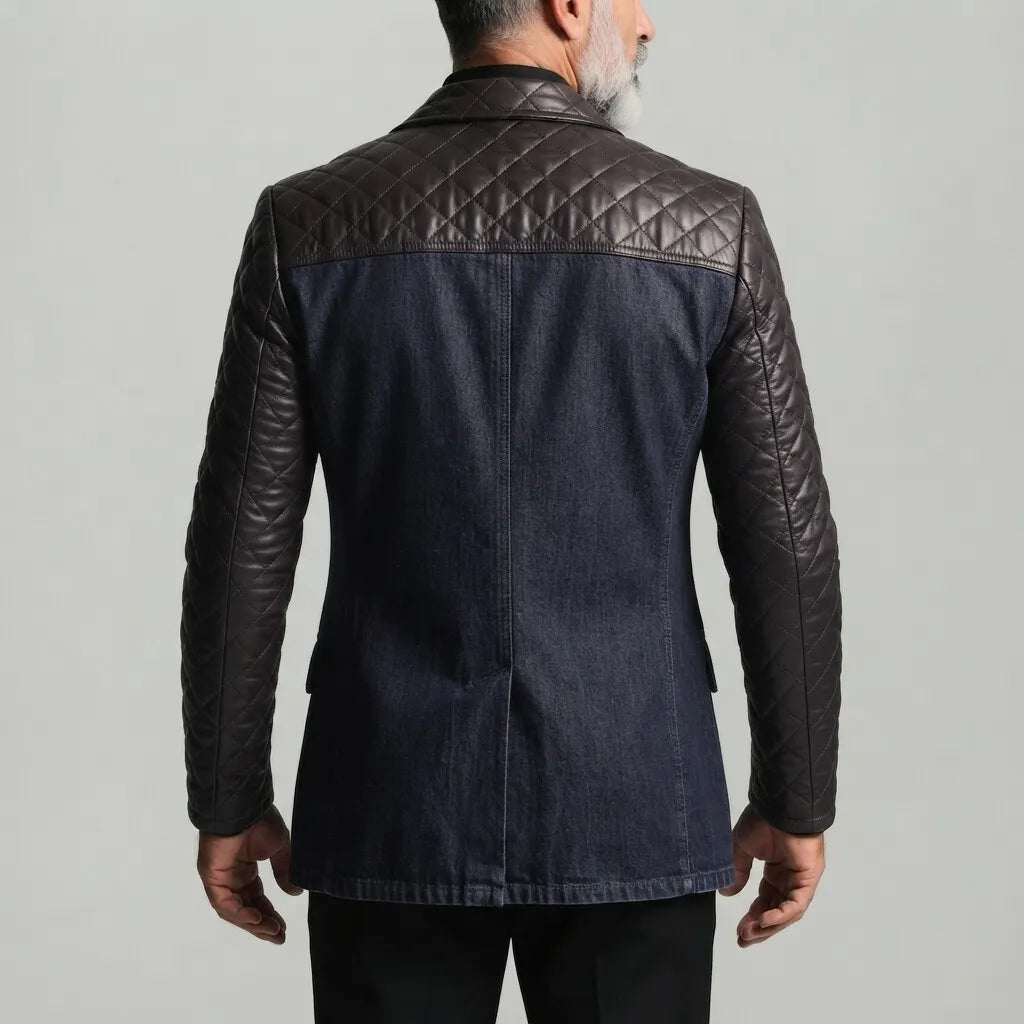 Men's Fashion Peak Lapel Double Breasted Quilted PU Leather Contrast Spliced Denim Blazer