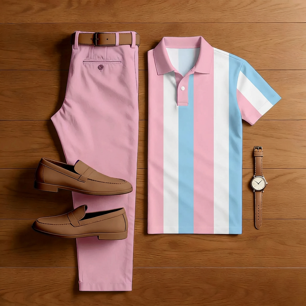 Men's Casual Pink And Blue Striped Print Short-Sleeved Polo Shirt And Trousers Two-Piece Set