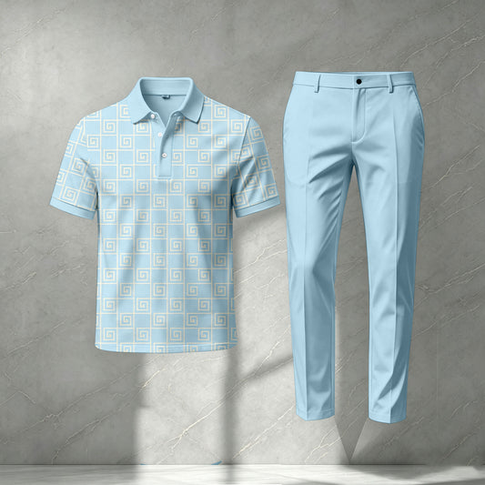 Men's Light Blue Checkered Print Short-Sleeve Polo Shirt and Pants Set
