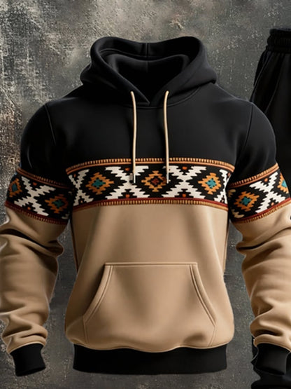 Men's Retro Distressed Contrast Color Hooded Casual Sweatshirt Set