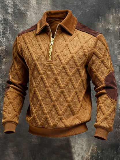 Men's Retro Jacquard Textured Patchwork Comfortable Color-Blocked Zip-Up Sweatshirt