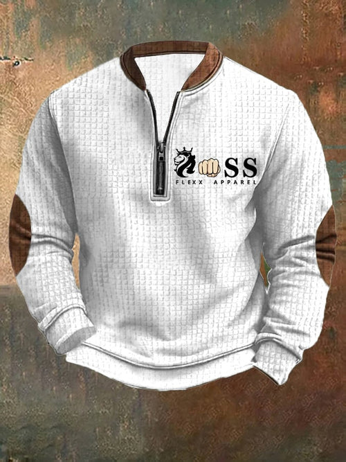Men's Retro Letter Design Printed Zipper Collar Square Jacquard Sweatshirt