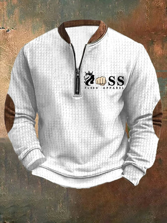 Men's Retro Letter Design Printed Zipper Collar Square Jacquard Sweatshirt