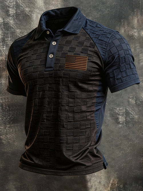 Men's Retro "Patriot" Textured Fabric Short-Sleeve T-Shirt with Contrast Polo Collar