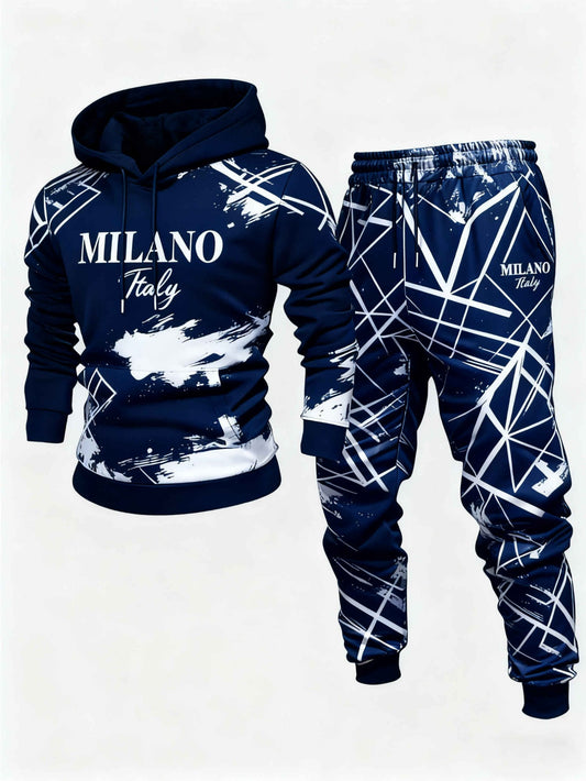 Men's Casual Navy Blue & White Color Geometrc Printed Hoodies Long Sleeved Sweatshirts & Sweatpants Two-Piece Set