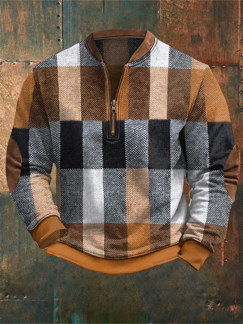 Men's Retro Western Textured Print Zipper Neck Knit Sweatshirt