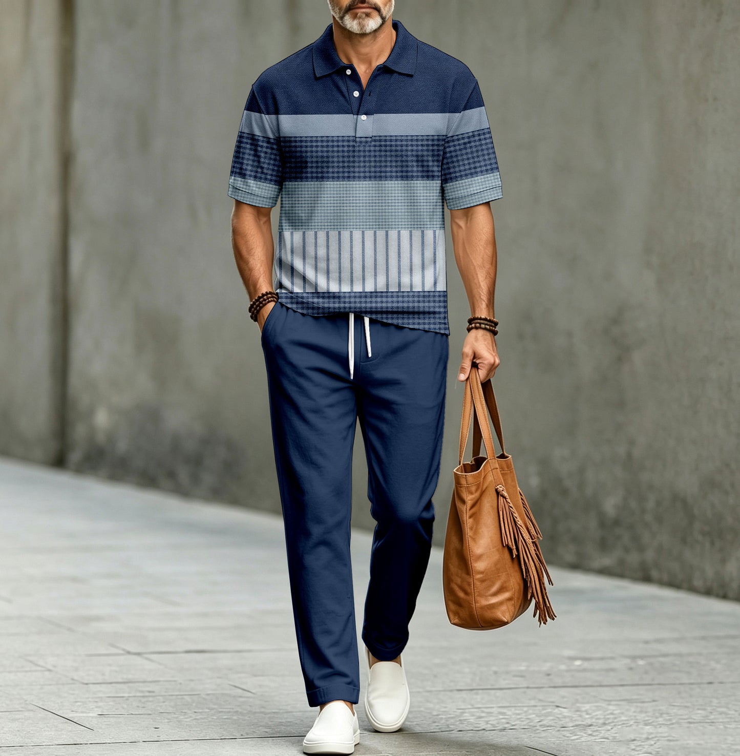 Men's Casual Striped Patchwork-Print Short-Sleeve Polo Shirt and Pants Two-Piece Set (Does Not Include Accessories Such As Watches Or Glasses)