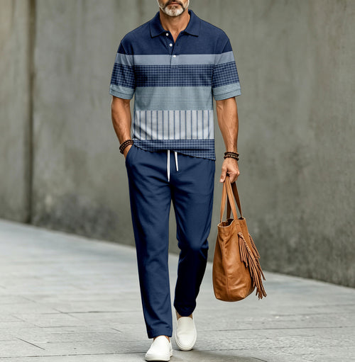 Men's Casual Striped Patchwork-Print Short-Sleeve Polo Shirt and Pants Two-Piece Set (Does Not Include Accessories Such As Watches Or Glasses)