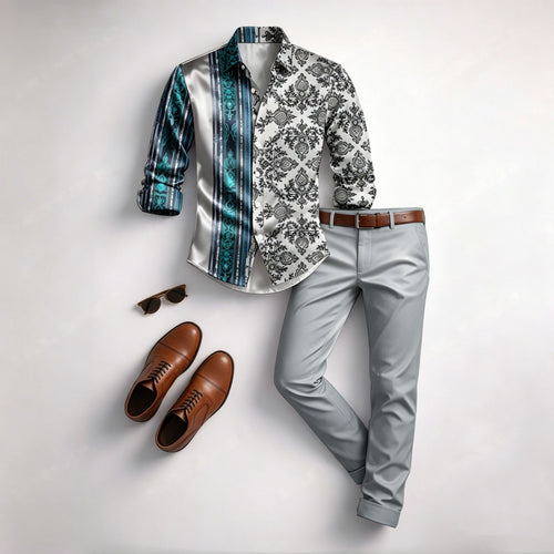 Men's Casual Green & White Color Matching Geometric Printed Long Sleeved Shirt & Trousers Two-Piece Set