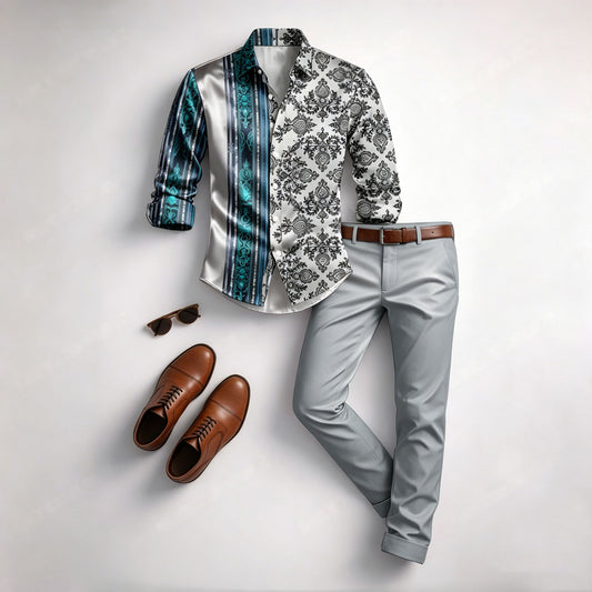 Men's Casual Green & White Color Matching Geometric Printed Long Sleeved Shirt & Trousers Two-Piece Set
