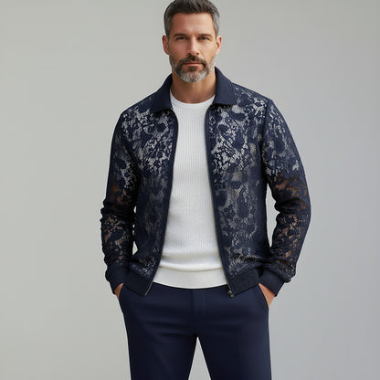 Men's Stylish Midnight Blue Guipure Lace Ribbed Cuffs Turndown Collar Zipper Jacket