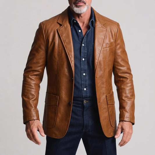 Men's Retro PU Leather Solid Color Notched Lapel Single Breasted Jacket