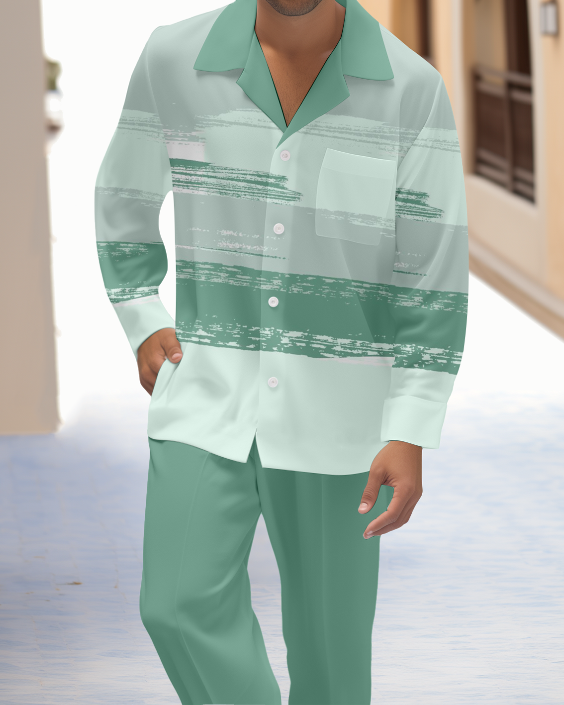 Men's Colorblock Printed Long Sleeve Shirt Casual Walking Suit 1464