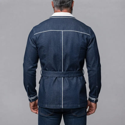 Men's Navy Blue Denim Multi-Pockets Contrast Piping Belted Zip-Up Safari Jacket
